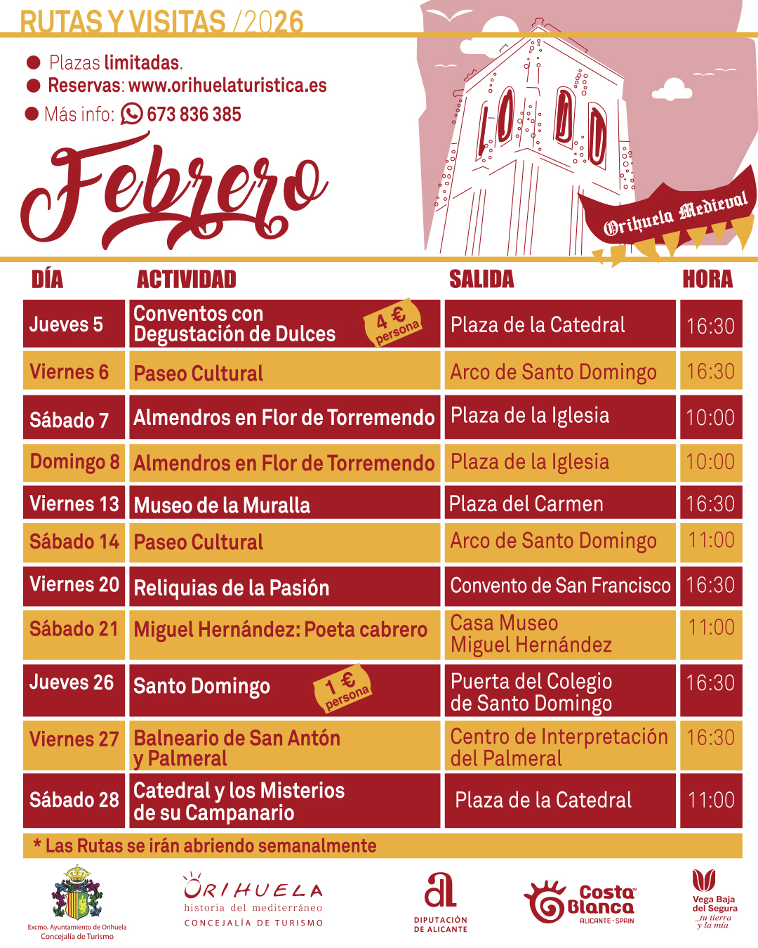Tabla de horarios de las rutas de febrero en el año 2026, en Orihuela.